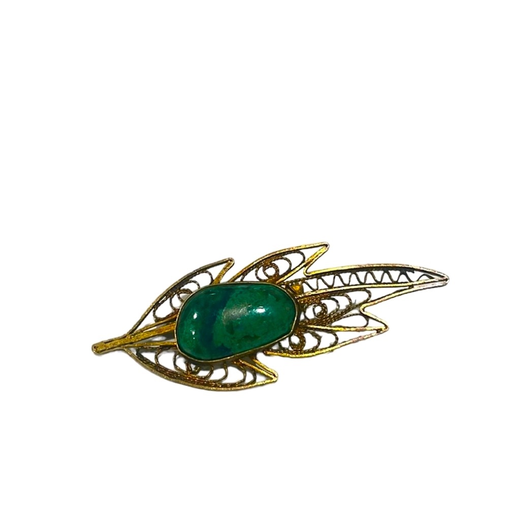 Vintage Israeli Hamsa Brooch with malachite stone. EUC